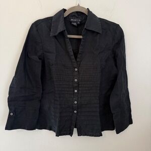 Tracy M. Black 100% Linen Pintuck Pleated Button Down Shirt Womens Large‎